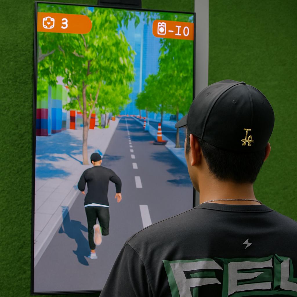 Player enjoying a motion runner game in Dubai, using full-body movement to jump and dodge obstacles. Interactive game rental